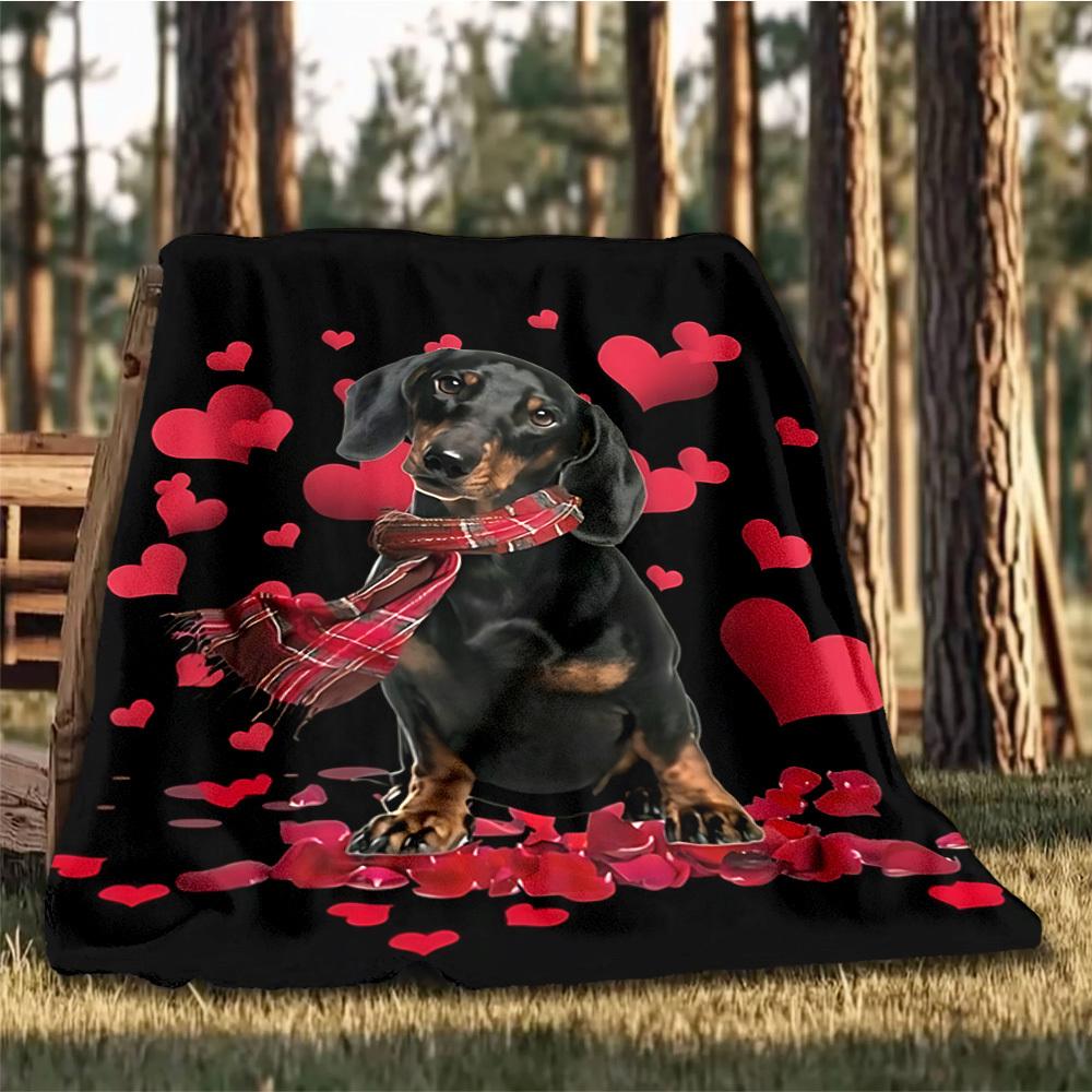 1pc Dachshund Heart Print Throw Blanket Polyester Fiber, Lightweight Flannel, Soft & Warm, All Season Use for Outdoor, Camping