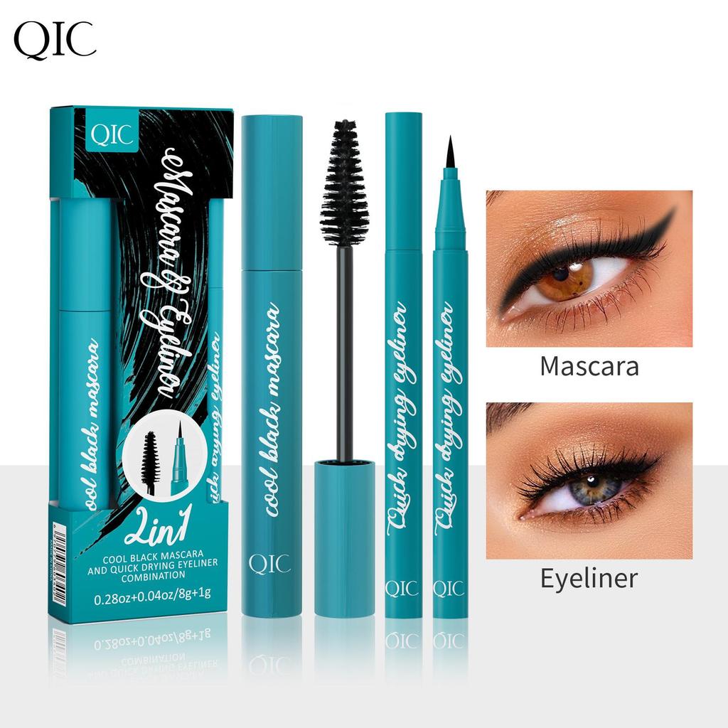 Kit mascara eyeliner QIC scatola verde, mascara waterproof e anti-macchia, base per ciglia lunghe