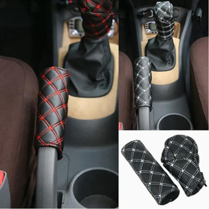 2Pcs/Set Faux Leather Hand Brake Shift Knob Cover Gear Case Car Interior Decor Shift Knob Shell Car Accessory
