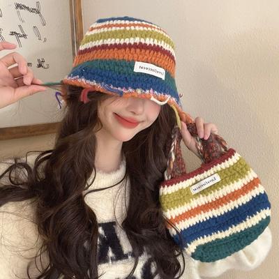 Regenbogenstreifen handgewebter Woll-Bucket-Hut Damen warm Mode Dopamin Strickmütze Tasche Handschuhe
