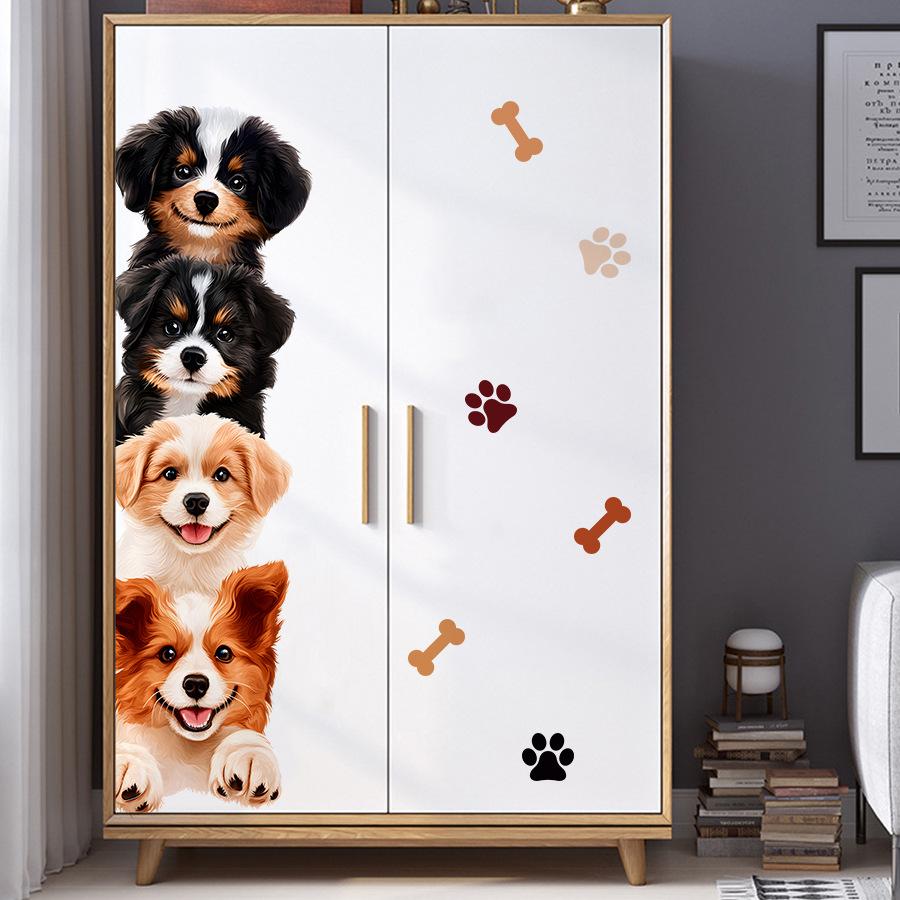 Kawaii Dog Stack & Paw Print Wall Stickers Removable Closet Door Living Room Decal