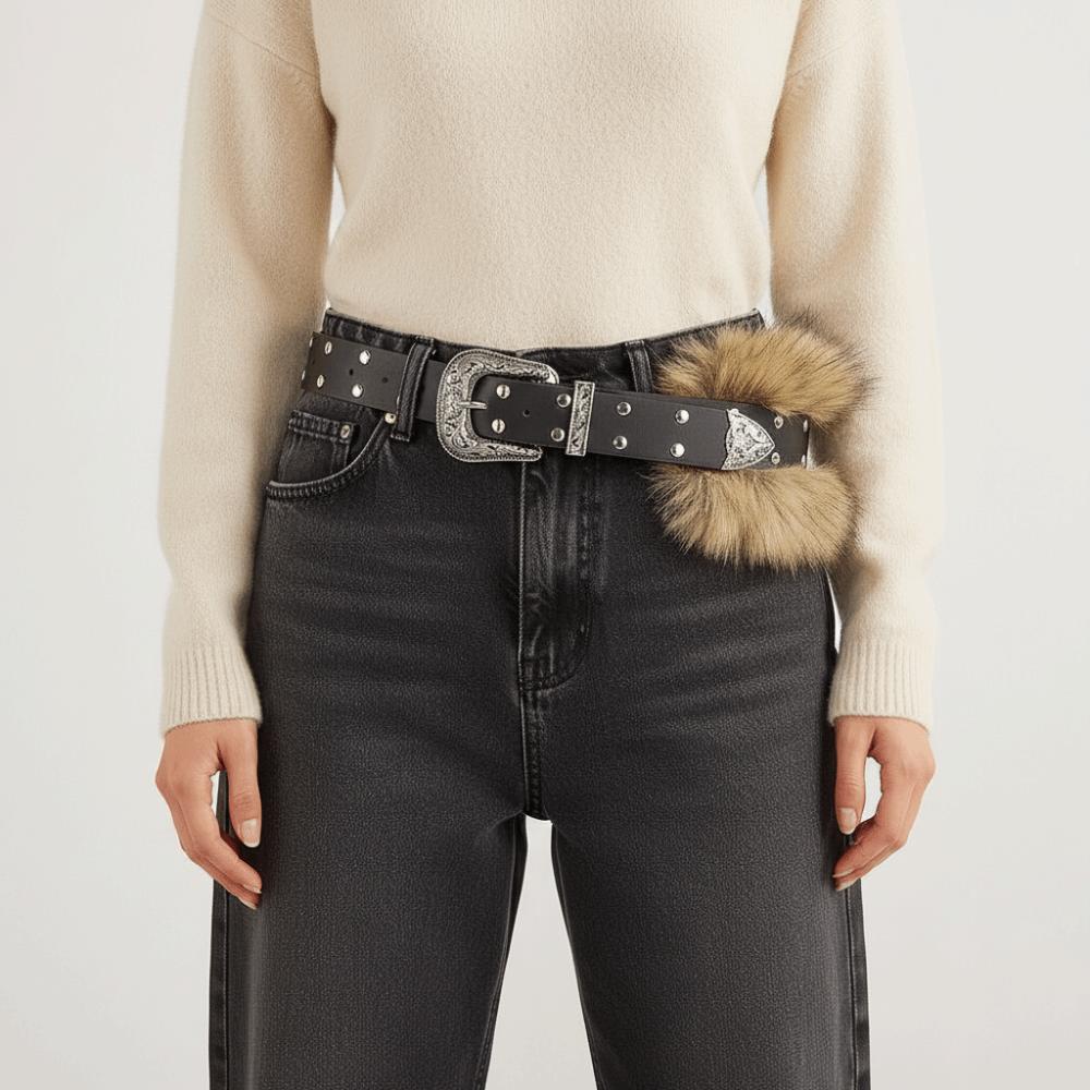 Wide Punk Style Belt Rivet Y2K Waistband Vintage Leather Fur Belt Pants Accessories