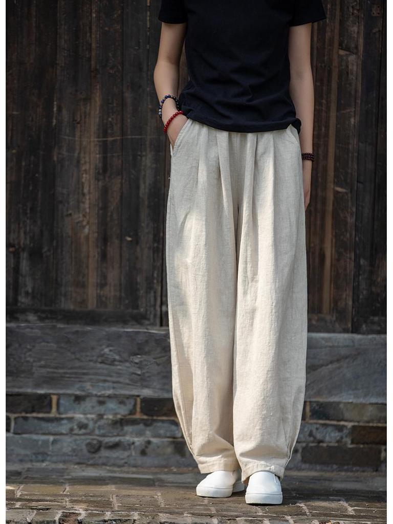 Spring Summer Artistic Loose Sand-Washed Linen Casual Pants for Women - Slimming, Lightweight Meditation Lantern Style