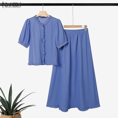 Women Short Sleeve Blouse and Long Skirts Summer Two Piece Suit Sets