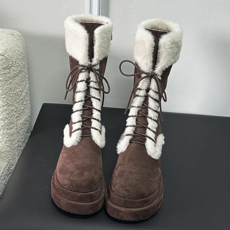 Wonderful fluffy snow boots women's autumn and winter new coffee thick-soled plush warm medium tube knight Martin boots