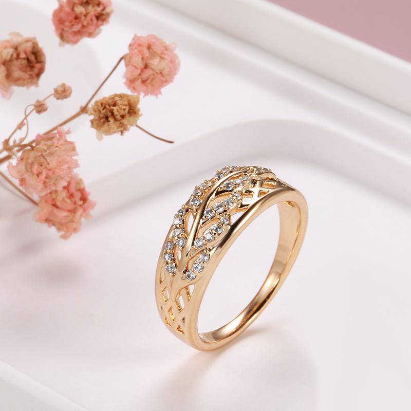 New Fashion Natural Zircon Leaf Ring For Women Rose Gold Geometric Hollow Line Wave Ring Vintage Wedding Fine Jewe