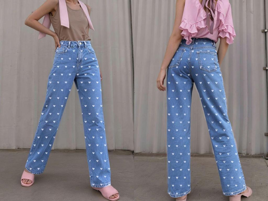 Pantalones vaqueros blancos con corazón para mujer - Alta elasticidad, corte ajustado, pierna ancha