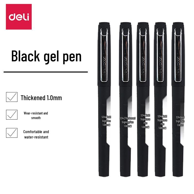 Deli S34 Gel Pen, 1.0mm Thick Bullet Tip, Black Signature Pen for Business & Practice