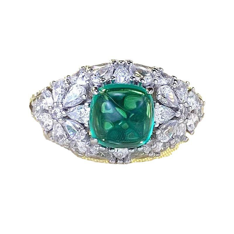 Luoxi Temple 2023 S925 Silver Simulated Emerald Cut Sugar Tower Ring