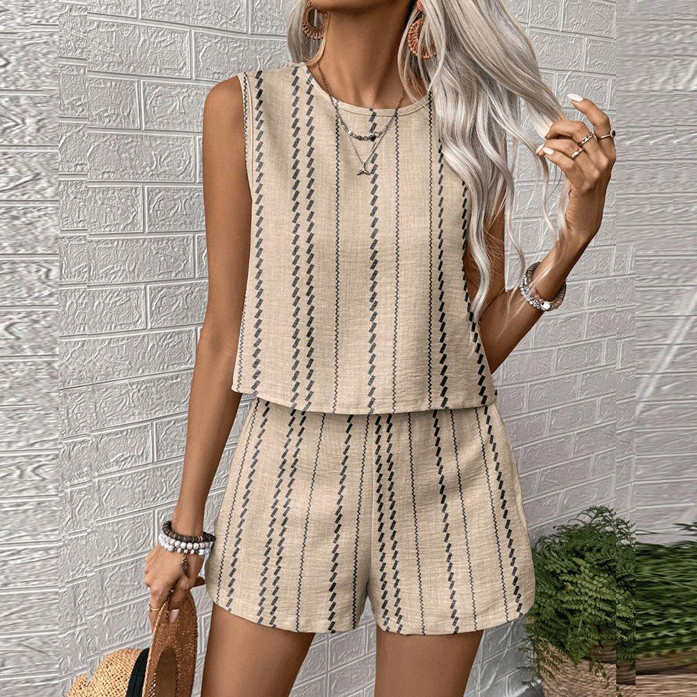 

Women s Sleeveless Striped Tank Top and Shorts Set in Beige with Black Stripes | Casual Summer Two Piece Outfit S