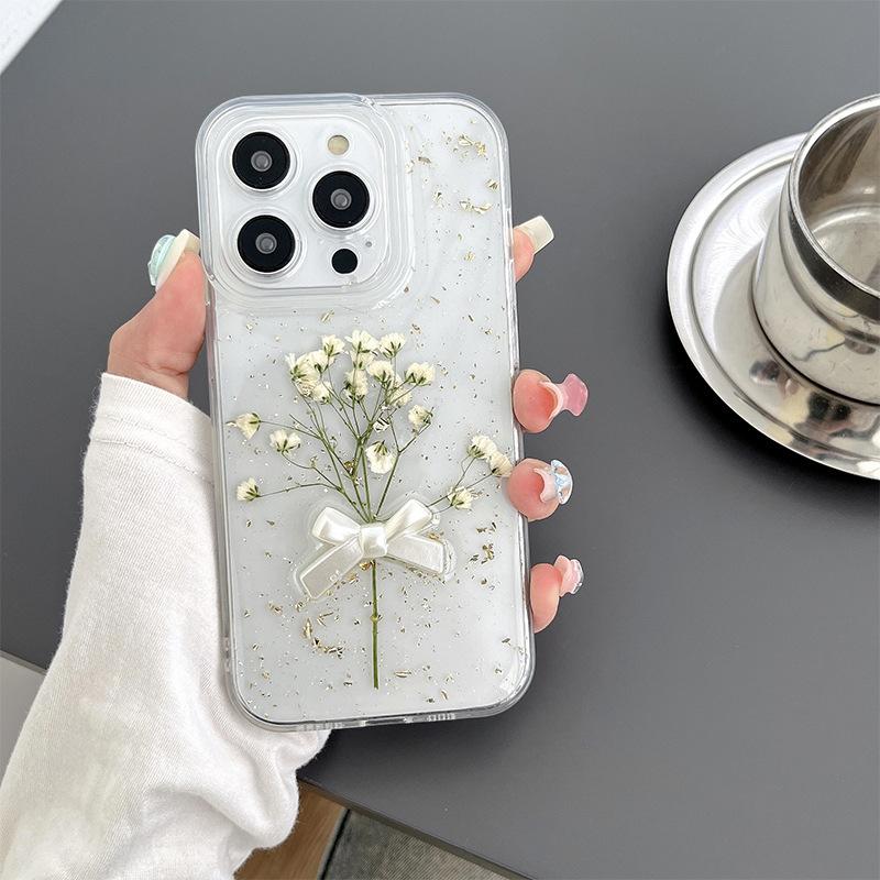 

Ins Wind Drop Glue Phone Case for IPhone17Promax Flower Bow for Apple 16 Gold Foil Fine Hole Soft For iPhone 7/8/SE 2020