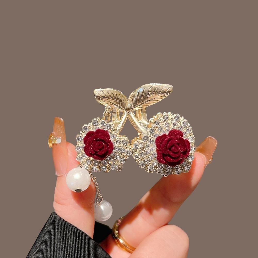 

Wine Red Rose Hair Clip - Golden Metal FrameZircon Inlaid,Pearl Tassel, Retro Elegant Style, Sparkling Decorative Hair Accessory