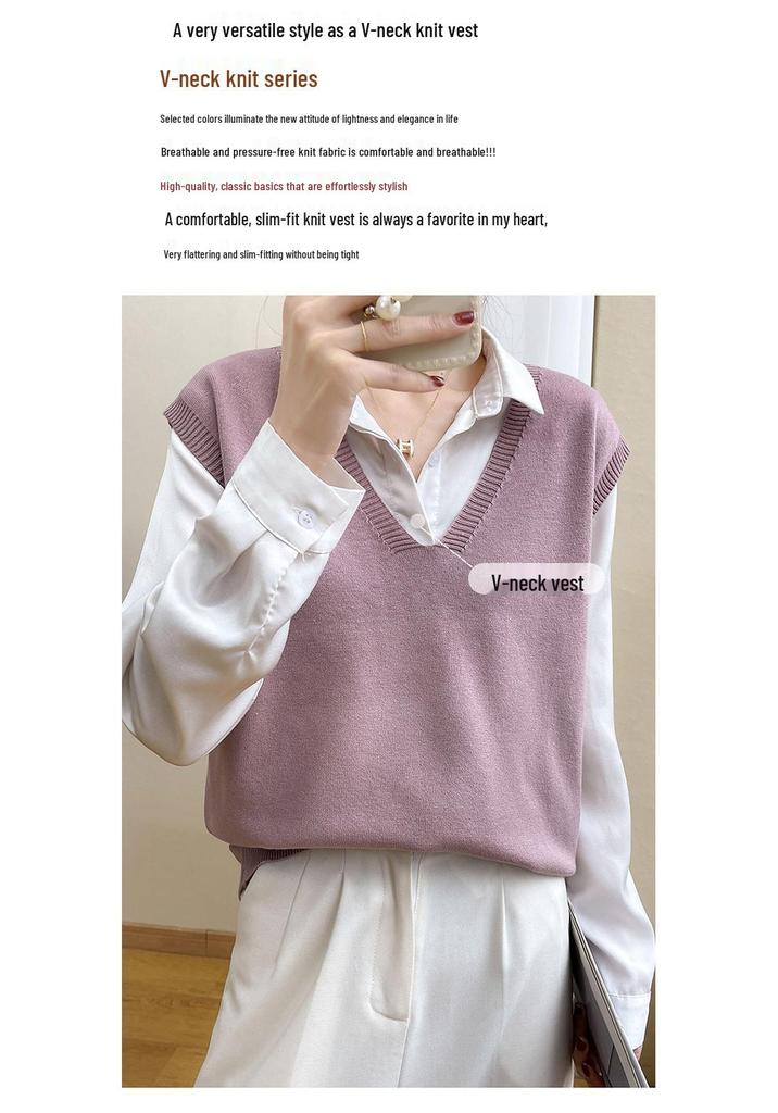 Women's College-Style V-Neck Knit Vest - Retro, Versatile, Loose-Fit Sleeveless Sweater for Autumn/Winter