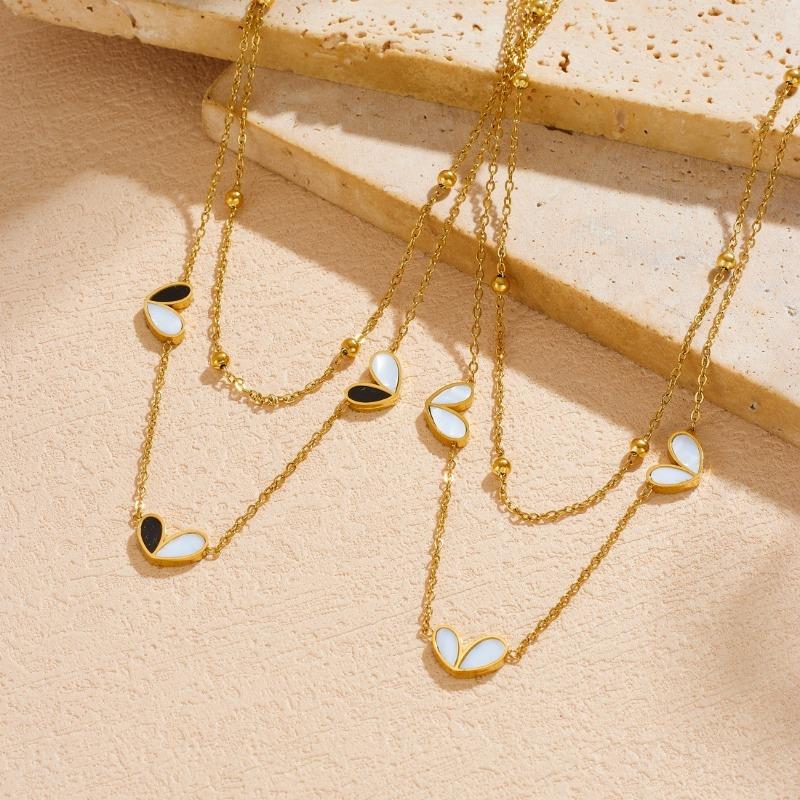 Gold Plated Stainless Steel Two Tone Heart Necklace Bracelet Jewelry Set for Women