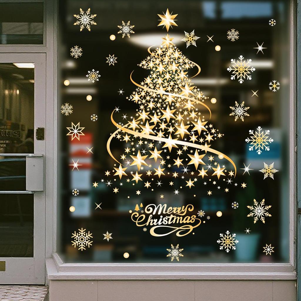 Gold and Silver Christmas Tree Stickers: Electrostatic Snowflake Window Clings for Festive Glass Decoration