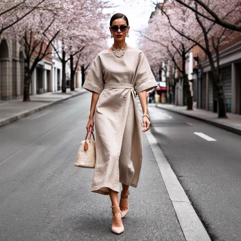 New, Summer Fashion Crew Neck Solid Color Lace-up Dress Women's Clothing