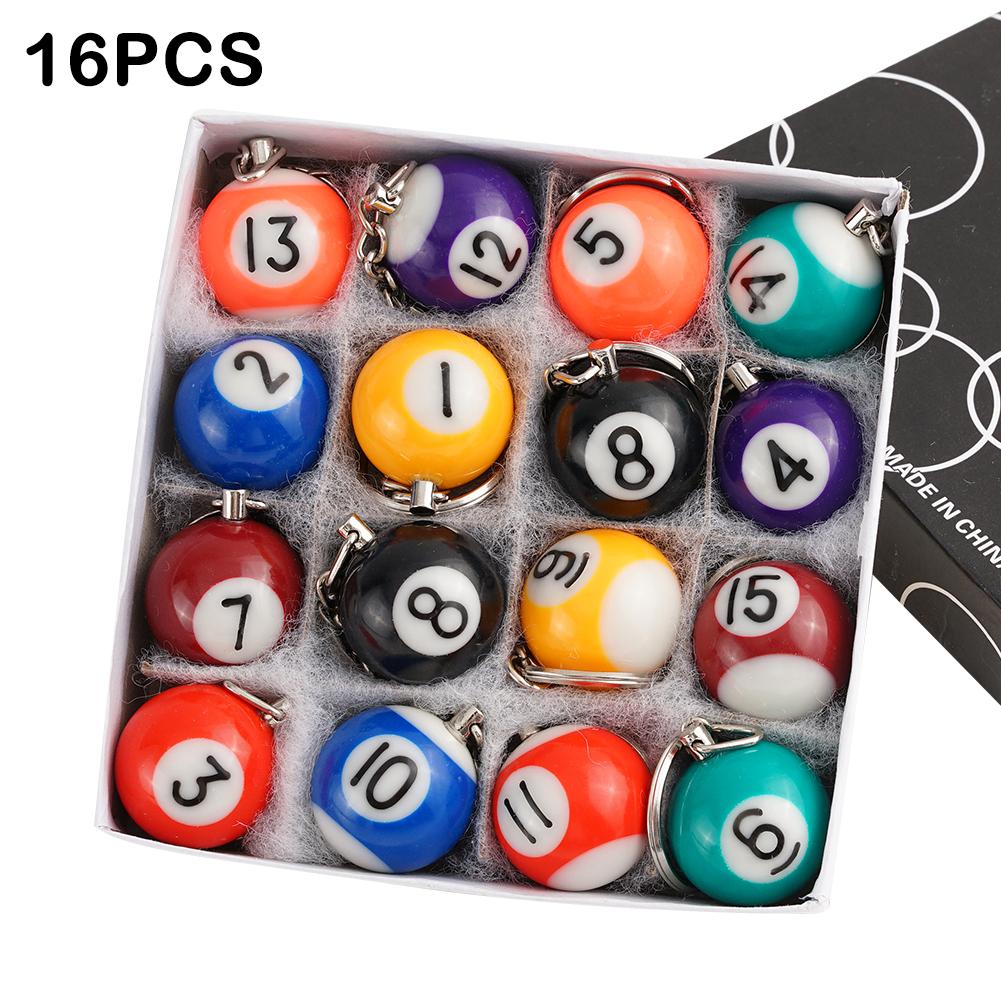 16pcs/Set Mini Billiards Shaped Keyring Assorted Colorful Billiards Pool Small Ball Keychain Creative Hanging Decorations