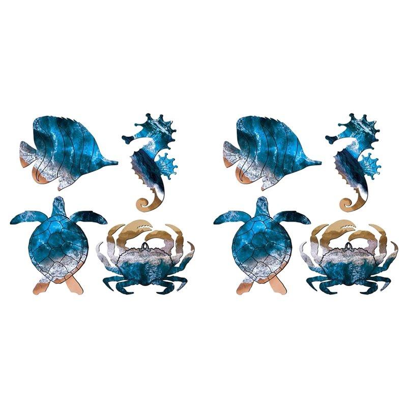 Premium-8X Wall Sculptures Metal Outdoor Wall Art Decor, Beach Pool Sea Decor Theme With Metal Sea Turtle Fish Crab Decor