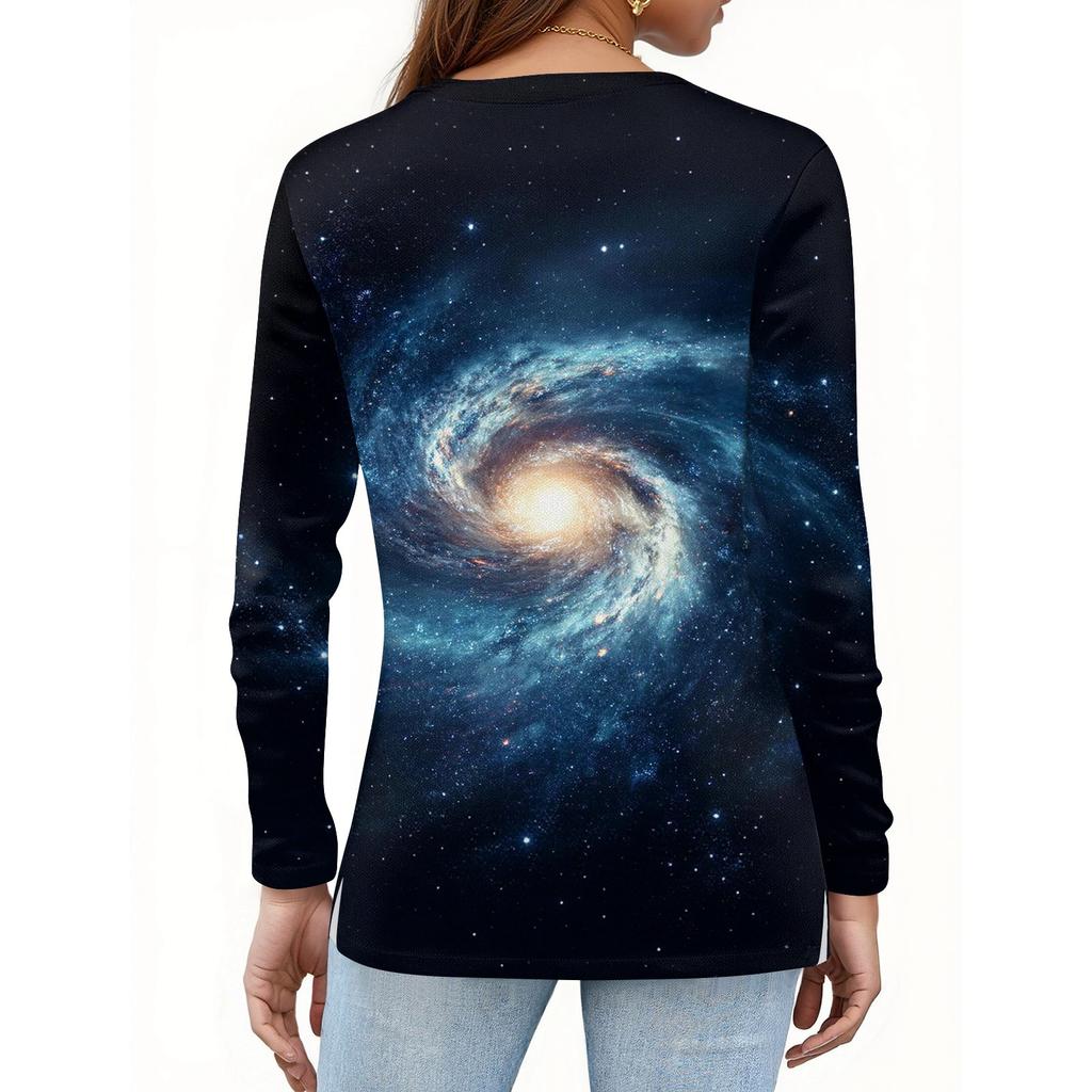 Women's Fashion Casual Slit Hem Round Neck Long Sleeve Loose Printed T,Shirt Ladies Top