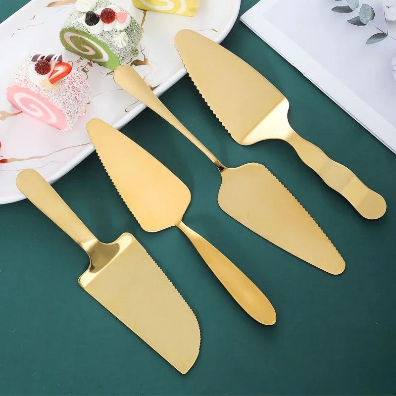 Golden cake spatula Stainless steel cake knife, fork and spoon set mooncake dessert spoon Western pastry baking tools
