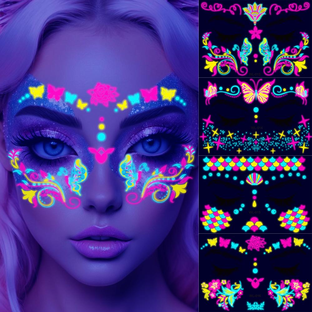 4/8Pcs Fluorescent Face Tattoo Stickers Colorful Flower/Butterfly/Feather Design Temporary Decal Waterproof Makeup/Party Tattoos