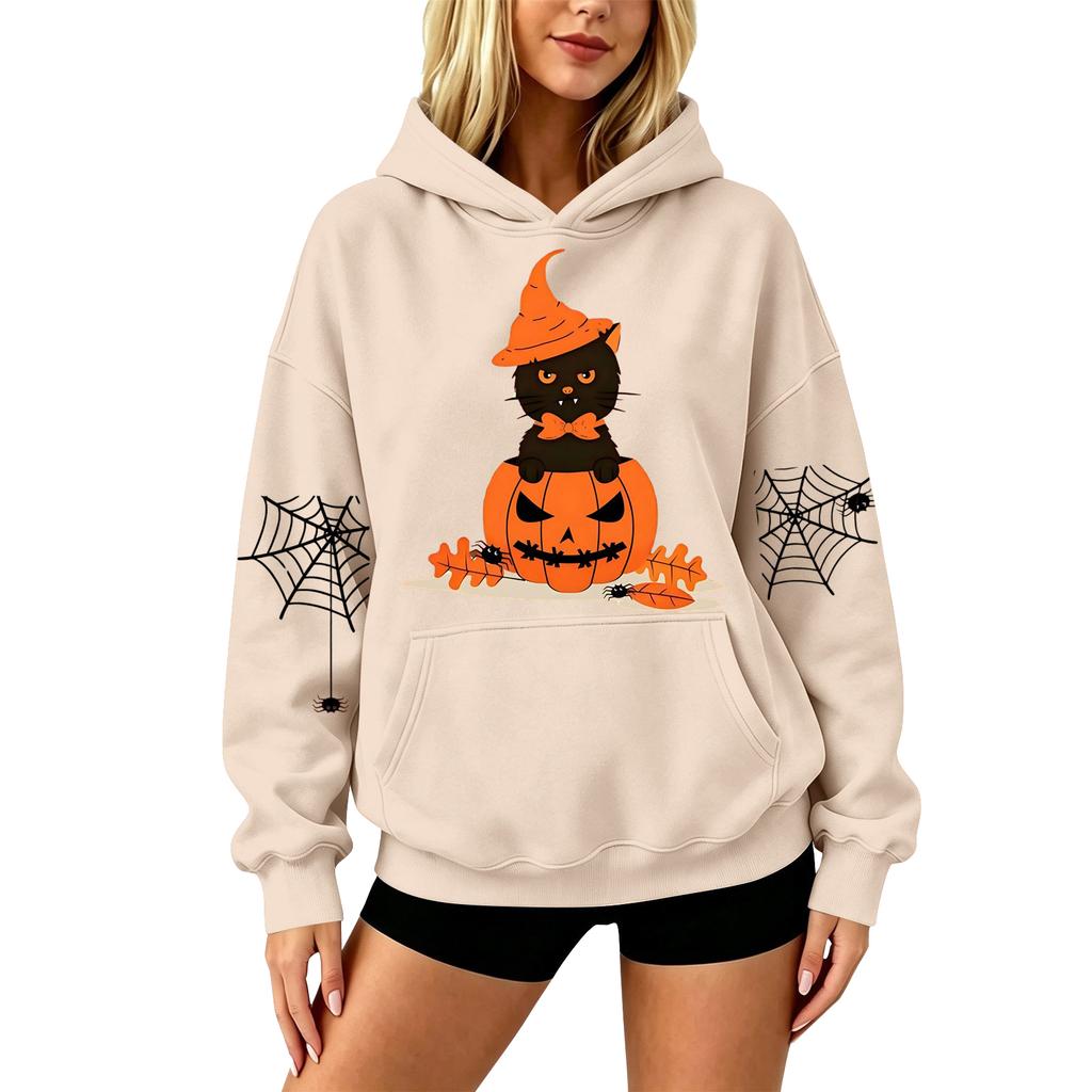 Women's Halloween Print Drop Shoulder Hoodie Loose Fit Casual Pullover