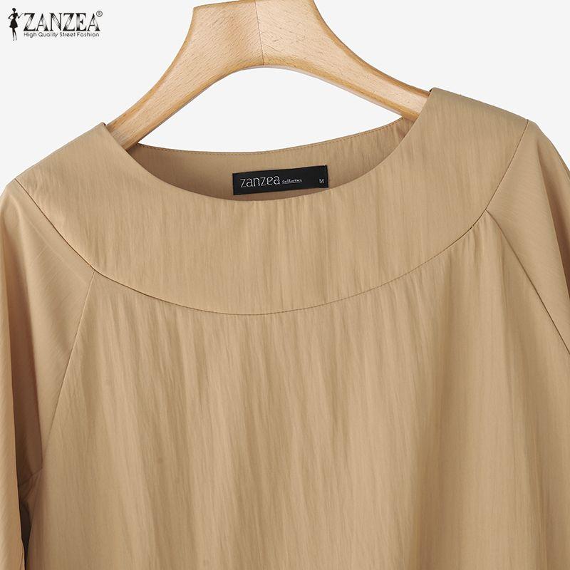 ZANZEA Women Casual Round Neck Solid Color Loose Long Sleeve Blouse
