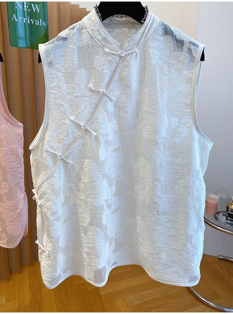 New Chinese style improved cheongsam sleeveless top women's summer embroidered button-up vest shirt pink