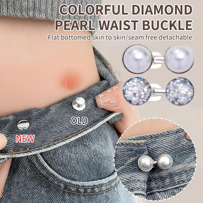 Fibbia Vita Regolabile in Strass Lucidi e Perle, Bottoni per Jeans, Clip Cinciura Vita Riutilizzabile Senza Fori per Vestiti
