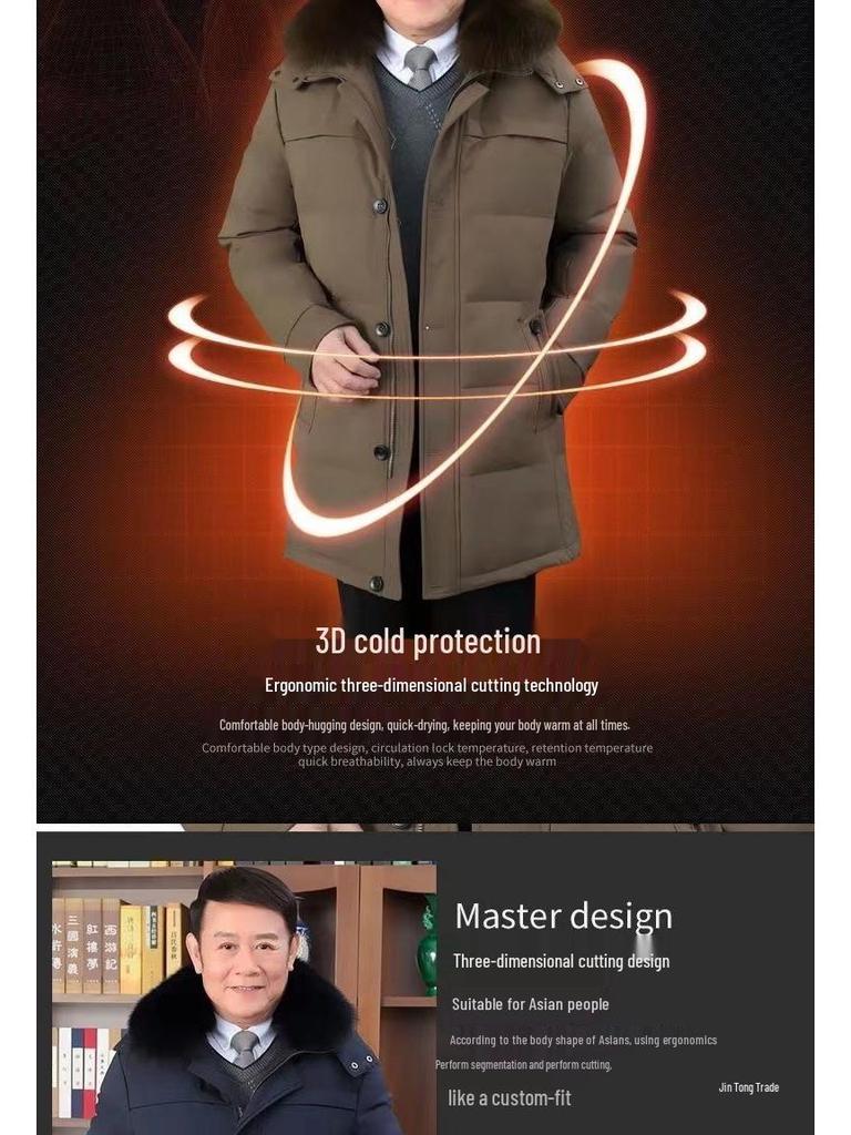 Pánská zimní péřová bunda střední délky s huňatou kapucí a kožíškem – Teplá, volný střih, velká velikost