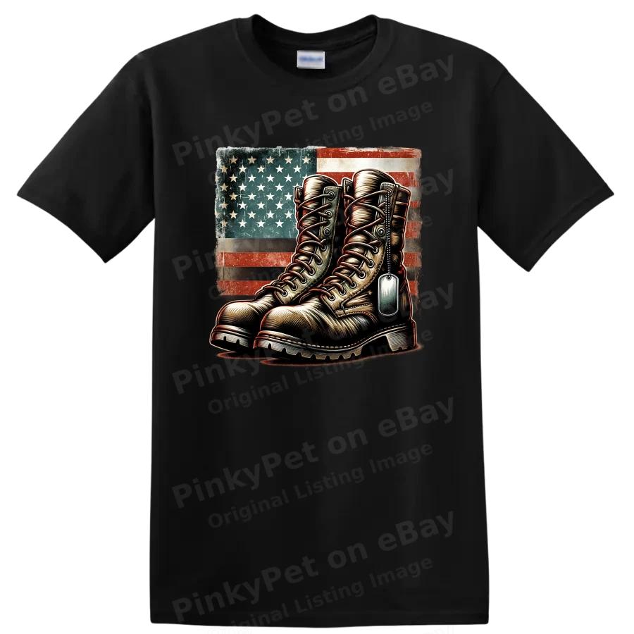 Military Boots T Shirt with American Flag Graphic Vintage Style Tee
