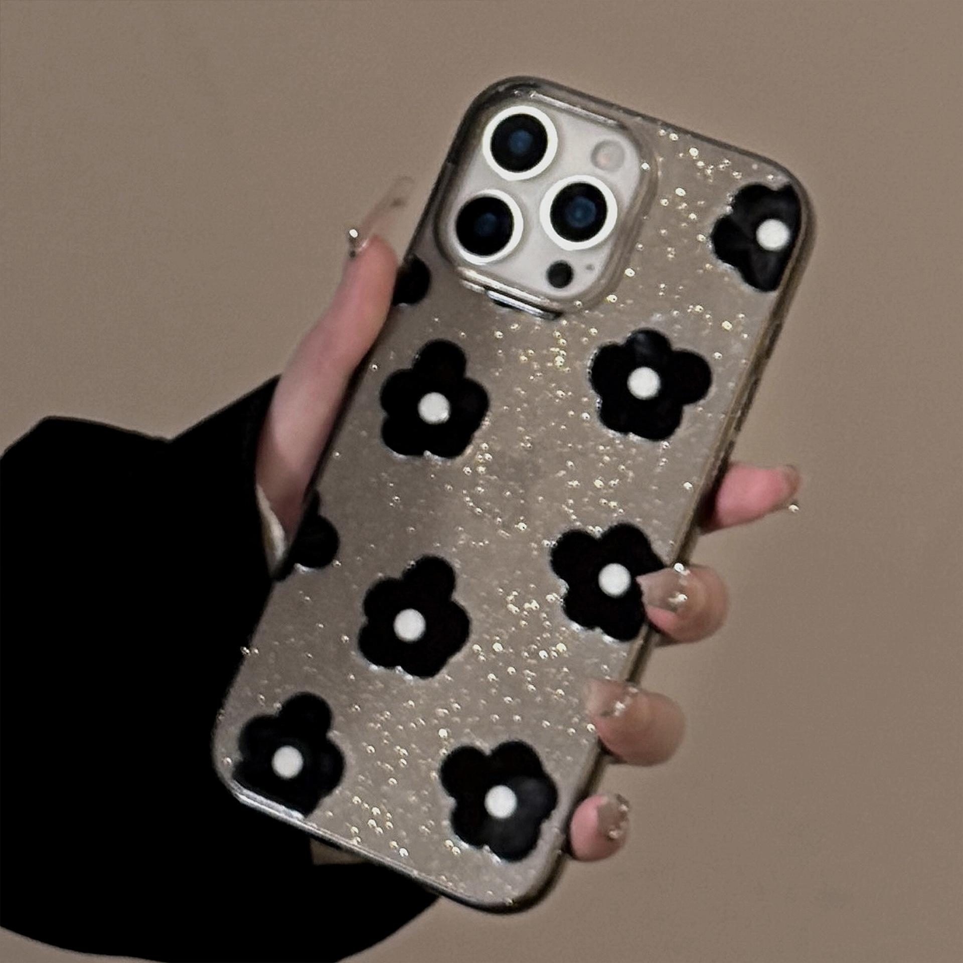 

Glitter Black Flowers for Apple 15 Promax Mobile Phone Case 16 for Iphone 13 Retro Niche 11 Soft Case 12 11 6.1