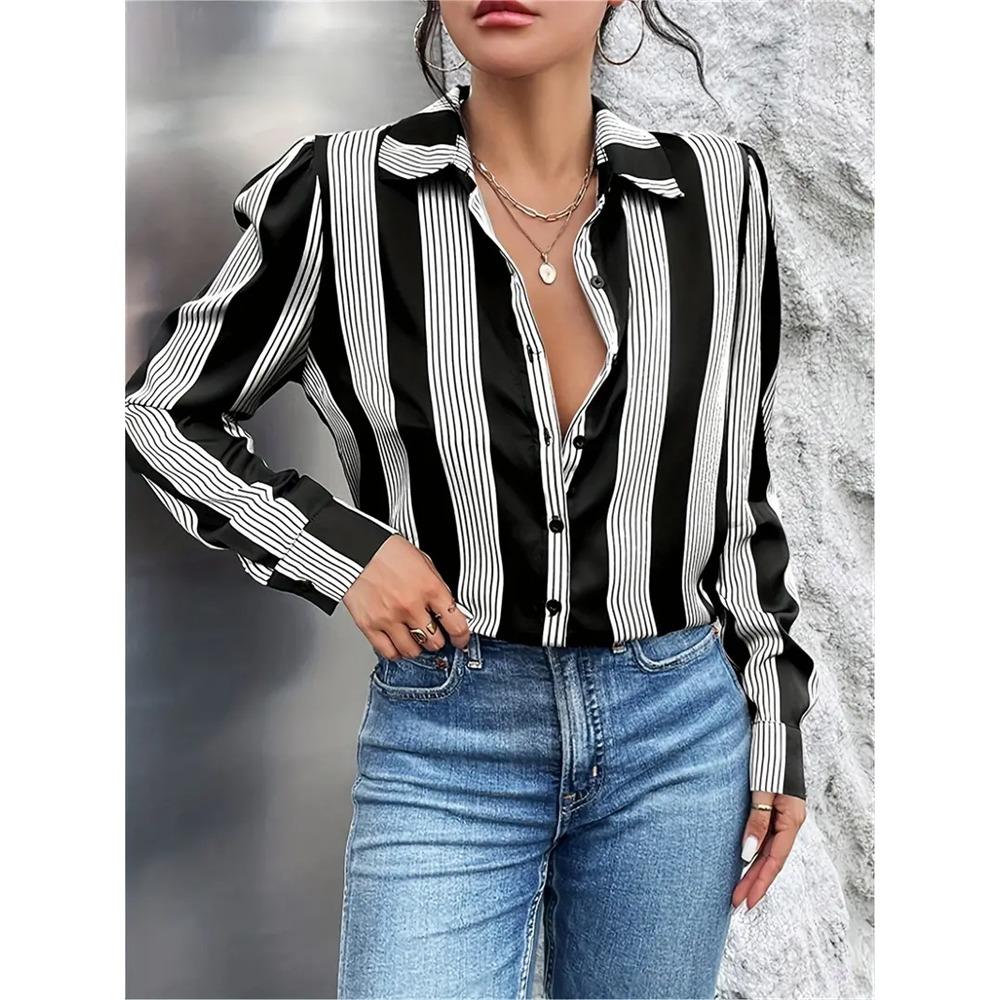 2024 Elegant Black Striped Printed Long-sleeved Shirt For Women Fashion Lapel Button-down Shirt Temperament Office Cardigan