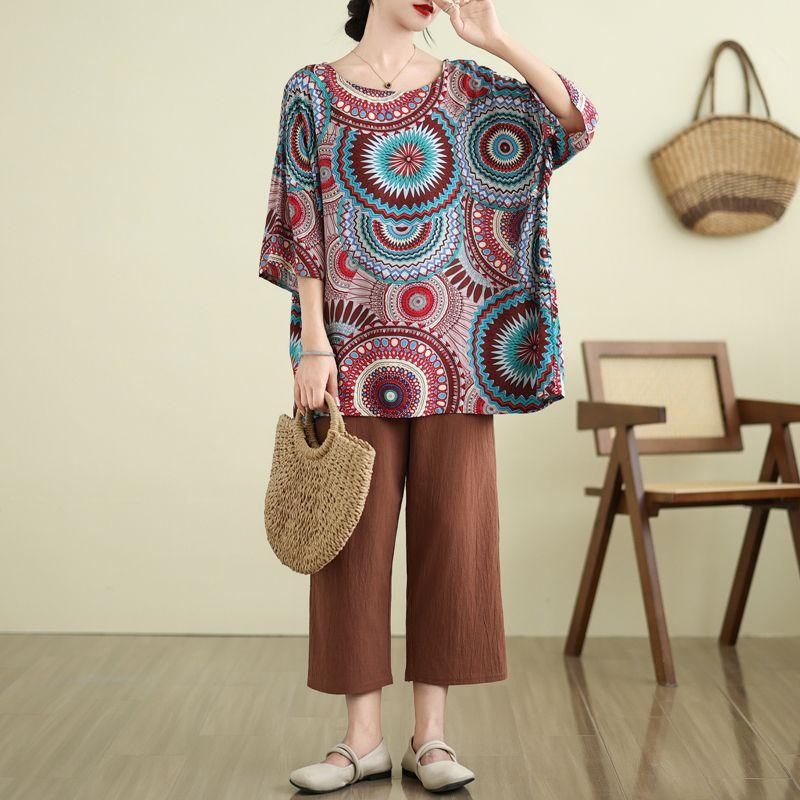 Sommer Locker Übergröße Damen Bedrucktes Baumwoll-T-Shirt Top Mama Kurzärmlig Ethnischer Stil T-Shirts Damen