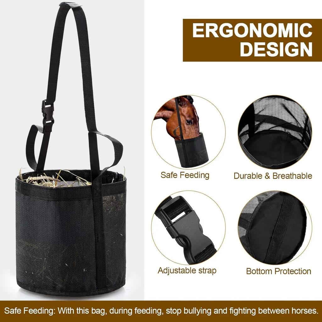 Horse Hay Feeding Bag Neck Hanging Adjustable Slow Feeder Cow Sheep Straw Bag Portable Outdoor Livestock Feed Net Holder