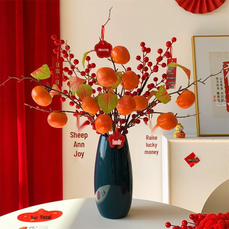 Persimmon Artificial Flower Arrangement: New Year Decoration with Red Fruit Accents for Living Room.