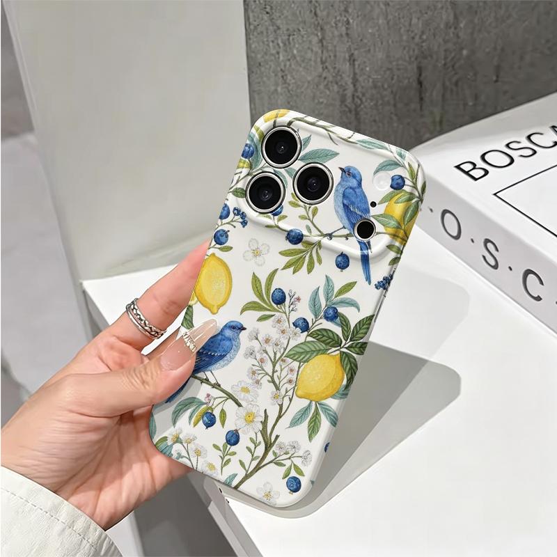 Botanical Blue Bird Lemon Blueberry Floral Art Film Aesthetic Protective Shockproof Bumper Phone Case Cover For iPhone 14 15 16 17 Pro Max Plus