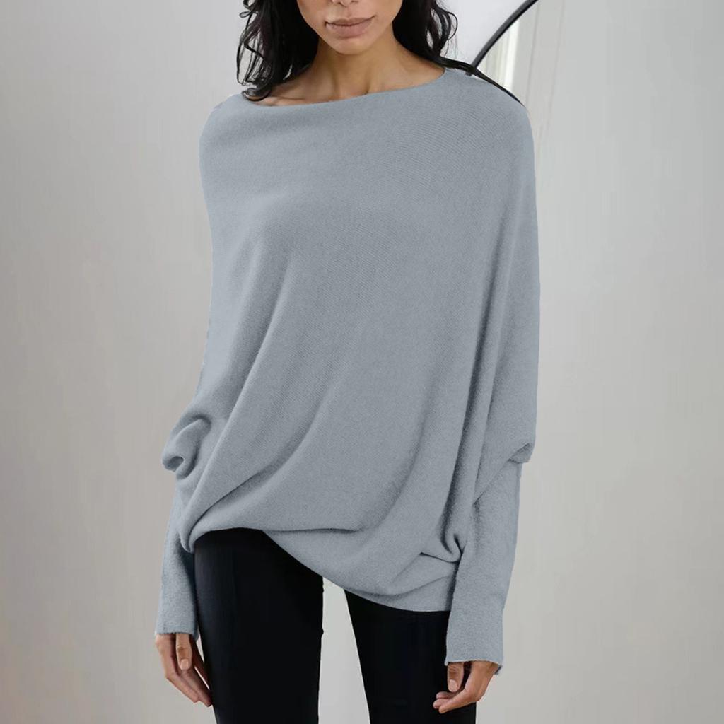 Damen Langarmshirt mit Rundhalsausschnitt, Tunika-Oberteile, Herbst, Baggy, Slouchy-Pullover, schulterfrei