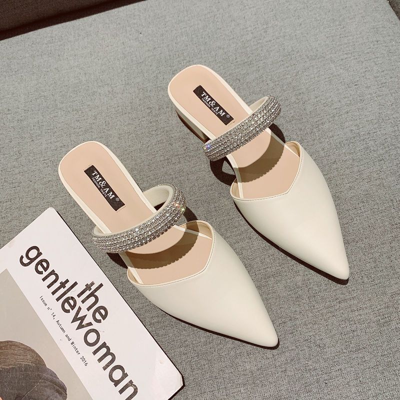 Baotou Half Slippers Women Wear Spring and Summer 2025 New Rhinestone Word with Thick Heel Pointed Head Half Tray Fairy Sandals
