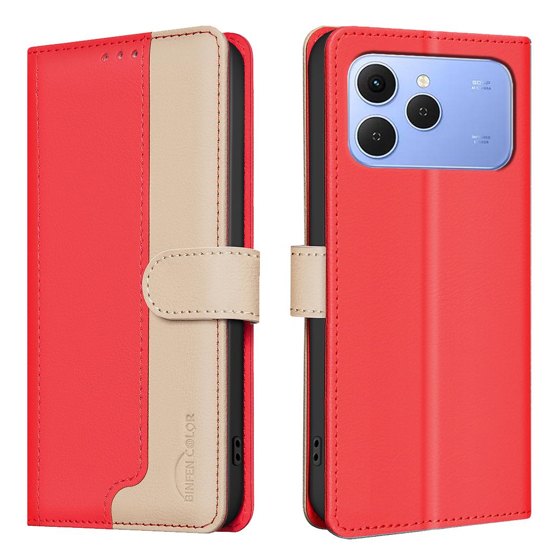 

Для TECNO Spark 40 4G Кожаный чехол BINFEN COLOR Сплайсинг цвета RFID-блокирующий кошелек-подставка Чехол для телефона Red