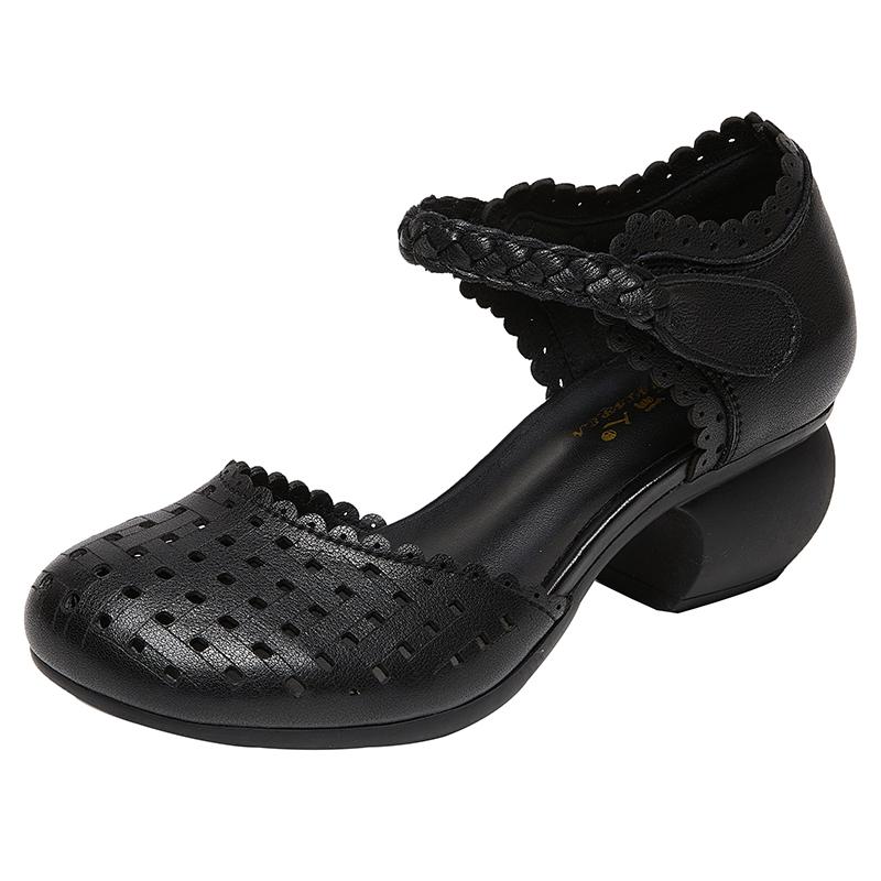 Fashion GKTINOO 2025 Summer Women Shoes New Soft Bottom Genuine Leather Women Sandals Retro Hollow Thick Heels Sandals For Mother