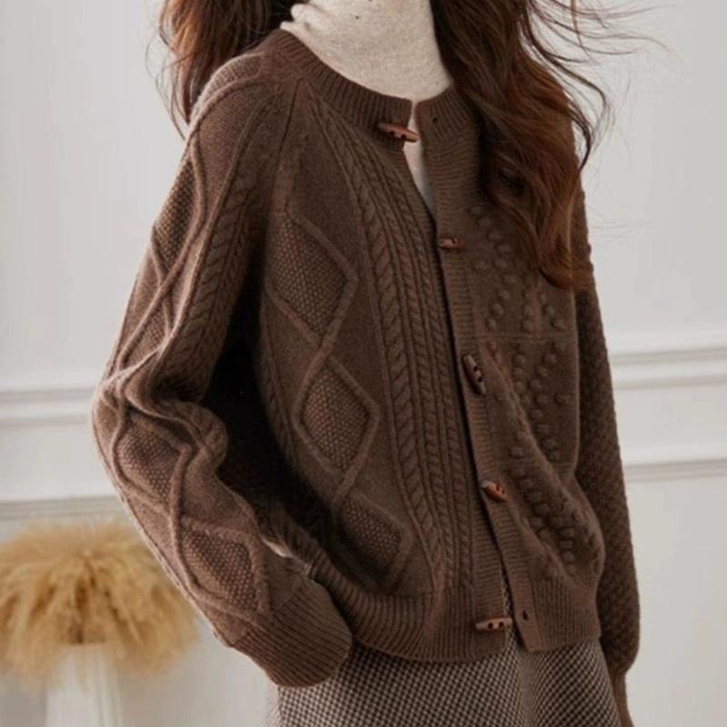 Women's Loose Cable-Knit Sweater Jacket Autumn & Winter Retro Outer Wear Office Crew Neck Horn-Button Knit Cardigan Slimming Top