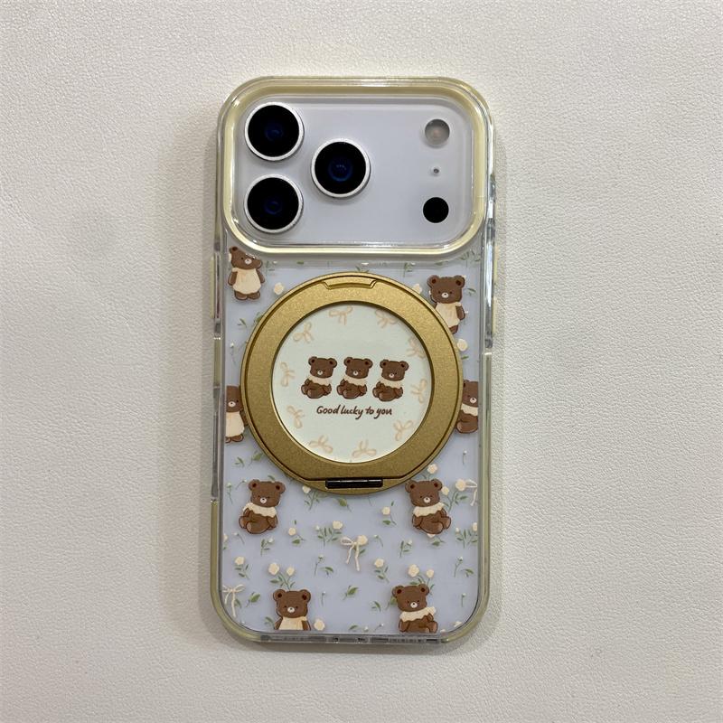 Cute Bears Floral Phone Case For iPhone 17 Pro 16 15 14 Pro Max with 360 Stand Air Cushion Edge Shockproof 17pro  Protective Cov