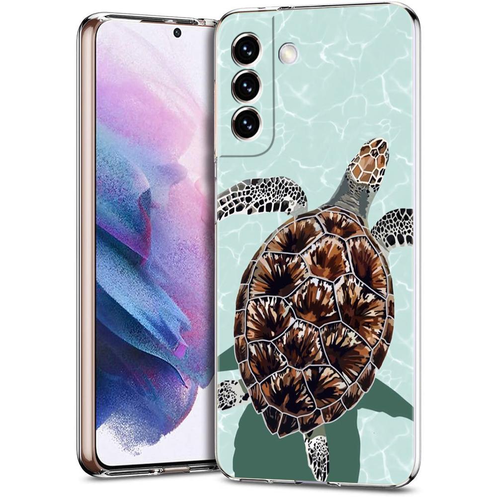 Phone Case For Samsung S24 Ultra S23 FE S22 S20 S21 5G S10 S9 Plus S10E S8 Soft Clear lovely Cartoon sea turtle ocean blue Cover