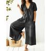 Women's V Neck Short Puff Sleeve Front Tie Pocket Loose Wide Leg Denim Jumpsuit