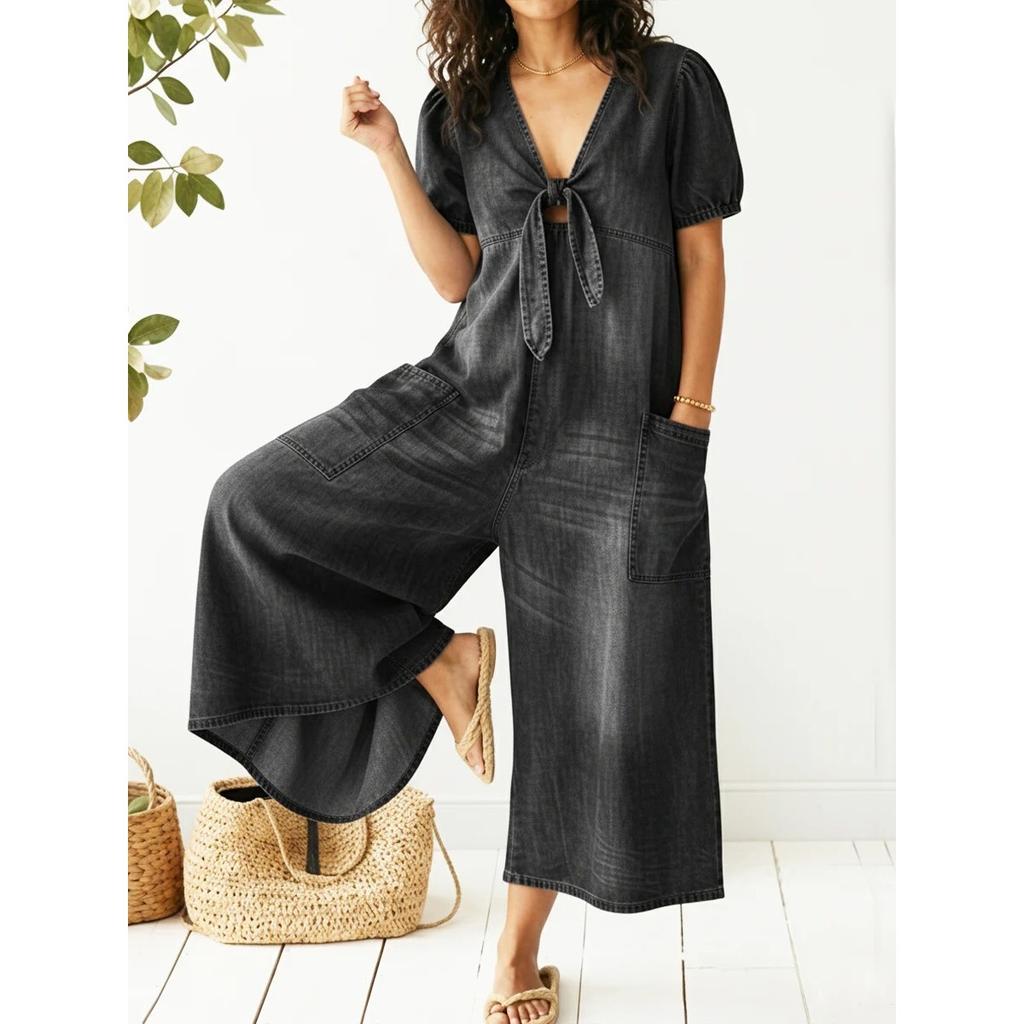 Women's V Neck Short Puff Sleeve Front Tie Pocket Loose Wide Leg Denim Jumpsuit
