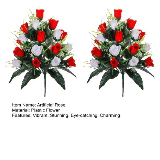 2 Pcs Artificial Cemetery Flowers Outside Fake Red White Rose with Long Nail Vase Memorial Flower Bouquet for Cemetery Headstone Graveyard Decor