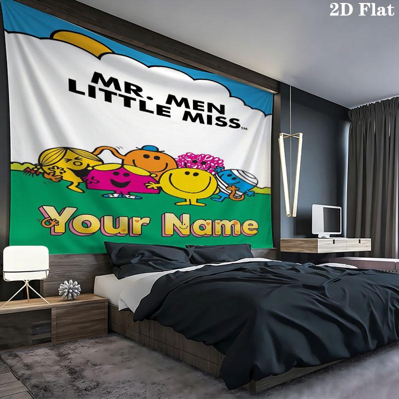 Mr. Men Little Miss Custom Name Wall Tapestry Aesthetic Wall Hanging Printed Fabric Blanket Decorative Tapestries for Bedroom Living Room Home Decor