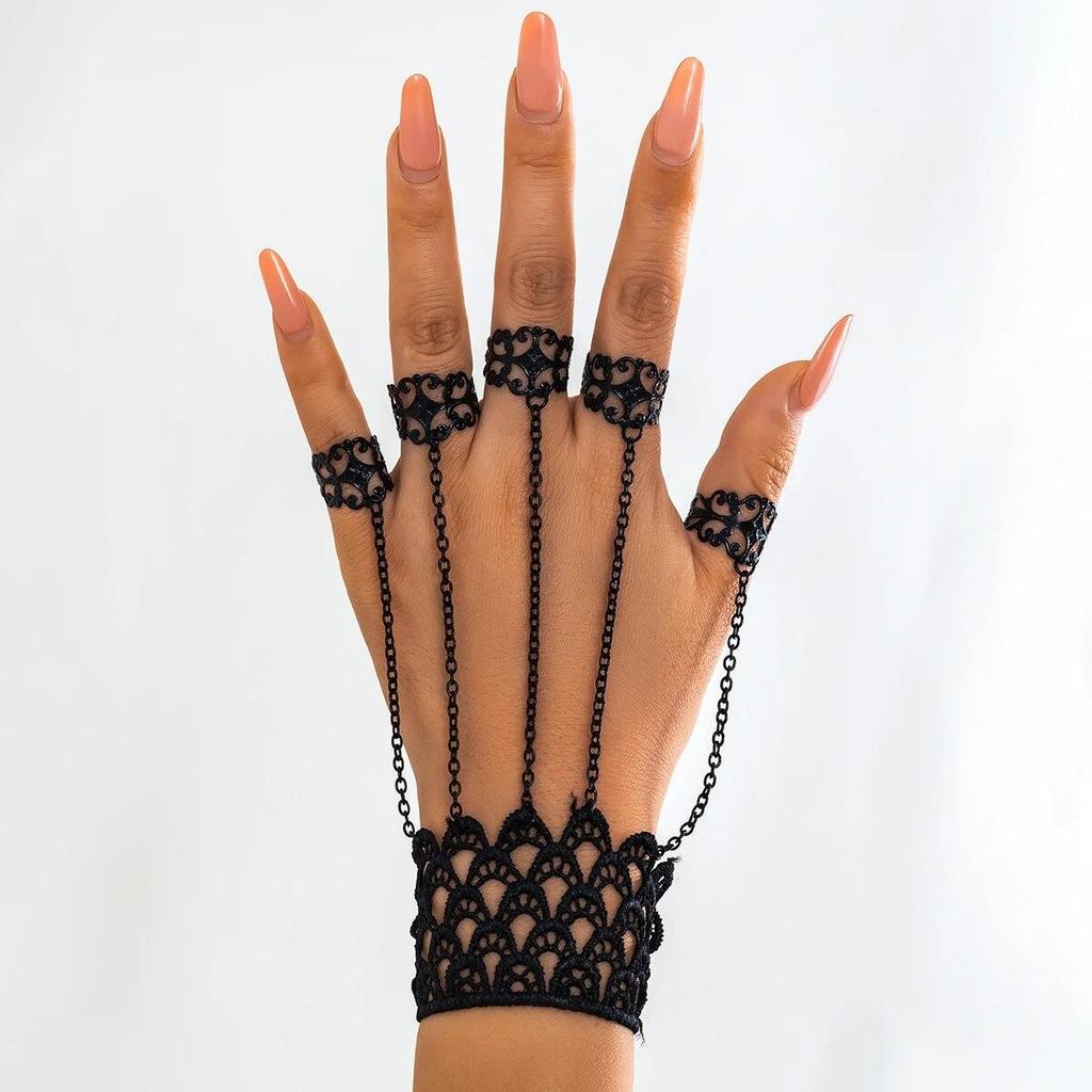 Creative Vintage Black Lace Finger Wrist Chain Rings Bracelets For Women Metal Connecting Hand Harness Bangles Punk Jewelry