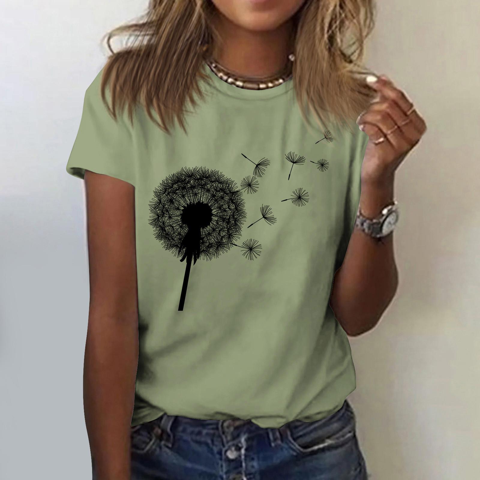 Women s Cute Printed Short Sleeve Round Neck Front Shoulder Vintage Short Sleeve Summer Loose Shirt Top S